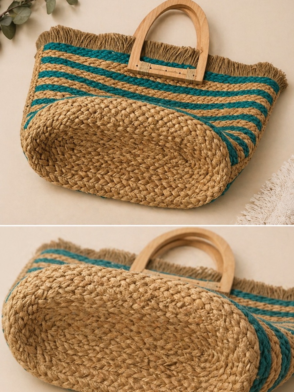 ANTIK KRAFT Hashree Wicker Jute Blue Stripes Tote Bag Wooden Handles Beach Bag - Picture 6 of 16